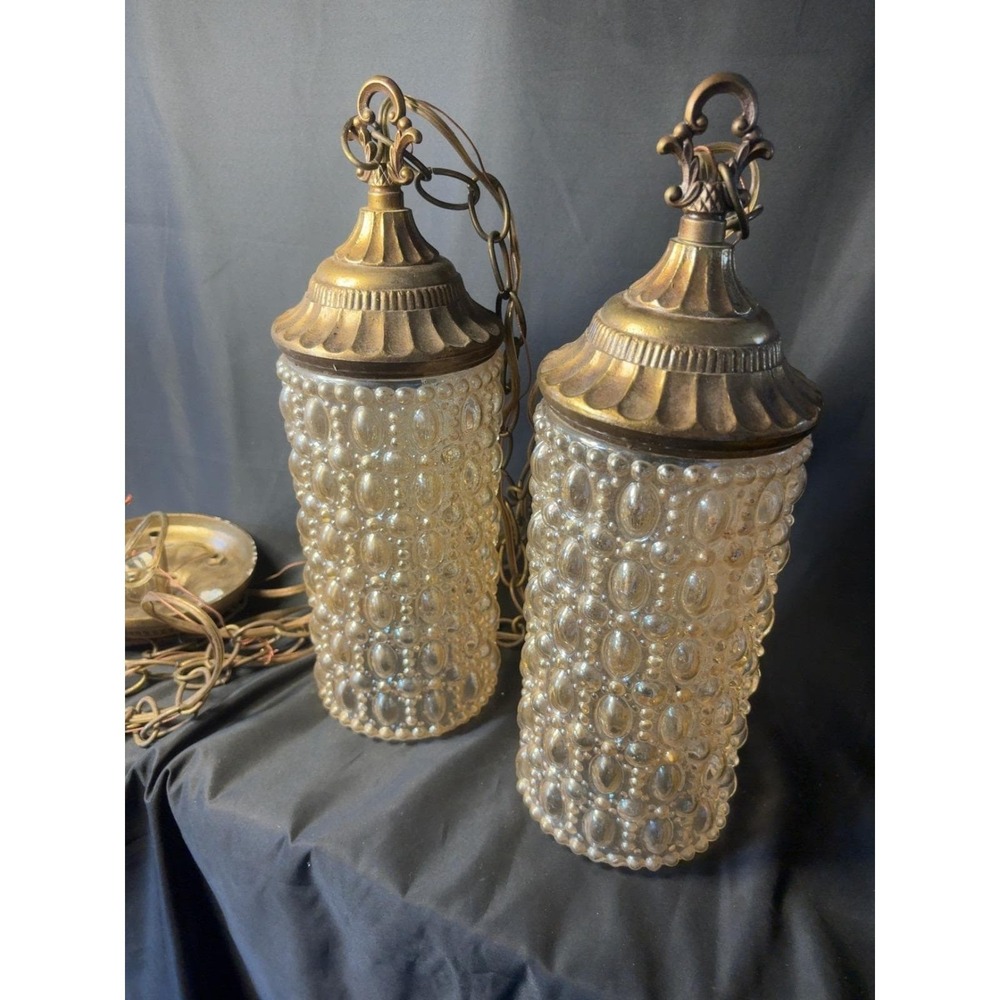 Vintage Progress Lighting Double Pendant Bubble Glass Brass Ceiling Light - Picture 3 of 11